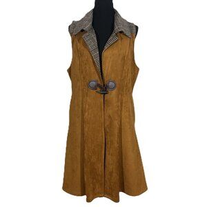 TAN ULTRA SUEDE PLAID FLANNEL COLLAR WITH FAUX LEATHER TOGGLE CLOSING DUSTER